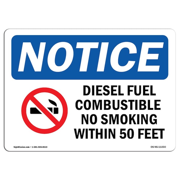 Sign, 18" H, 24" W, Rigid Plastic, Diesel Fuel Combustible No Smoking Sign With Symbol, Landscape